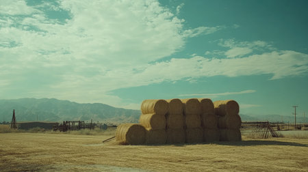 A field of golden hay bales neatly arranged after harvest, under a wide, open sky, capturing the essence of rural life.の素材