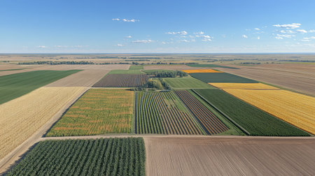 Aerial shot of a patchwork of different crop fields, illustrating the diversity and planning in large-scale agriculture.の素材