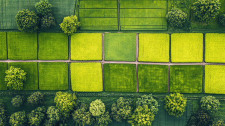 Aerial view of a lush green soybean field with symmetrical rows, illustrating efficient agricultural practices.の素材