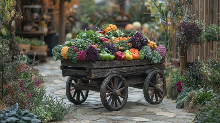 A rustic wooden cart filled with an assortment of freshly harvested vegetables, symbolizing the bounty of organic farming.の素材