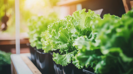 A greenhouse interior with rows of lush, green lettuce growing hydroponically, representing modern sustainable farming practices.の素材