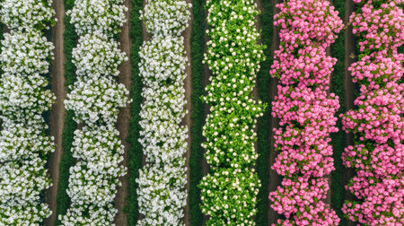 Aerial view of an orchard in full bloom, with rows of fruit trees displaying a sea of white and pink blossoms.の素材