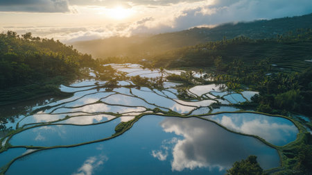 Aerial shot of terraced rice paddies filled with water, reflecting the sky, showcasing traditional farming techniques in hilly terrain.の素材
