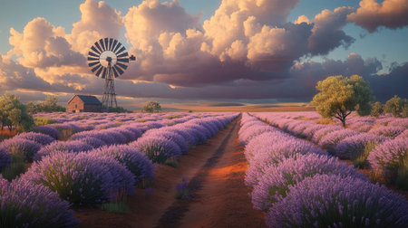 A tranquil scene of a windmill beside a field of blooming lavender, blending agricultural utility with natural beauty.の素材