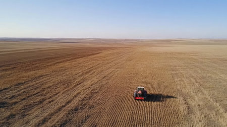 Aerial shot of a tractor creating neat rows in a vast field, preparing the land for planting, showcasing the scale of modern agriculture.の素材