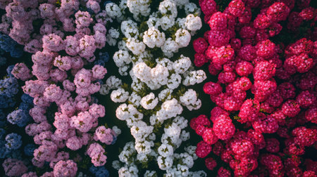Aerial view of an orchard in full bloom, with rows of fruit trees displaying a sea of white and pink blossoms.の素材