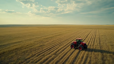 Aerial shot of a tractor creating neat rows in a vast field, preparing the land for planting, showcasing the scale of modern agriculture.の素材
