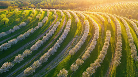 Aerial view of an orchard in full bloom, with rows of fruit trees displaying a sea of white and pink blossoms.の素材