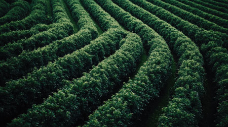 Aerial view of a lush green soybean field with symmetrical rows, illustrating efficient agricultural practices.の素材