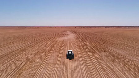 Aerial shot of a tractor creating neat rows in a vast field, preparing the land for planting, showcasing the scale of modern agriculture.の素材
