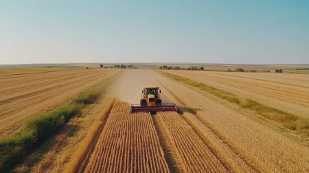 Aerial view of a combine harvester cutting through a golden wheat field under a clear blue sky, leaving neat rows of stubble behind.の素材