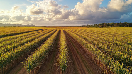 Aerial view of a sugarcane field with tall stalks swaying gently in the breeze, ripe for harvesting, under a partly cloudy sky.の素材
