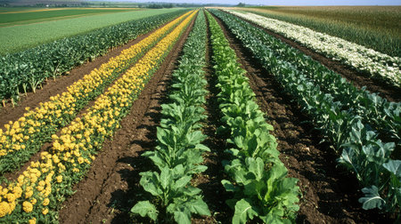 Aerial shot of a patchwork of different crop fields, illustrating the diversity and planning in large-scale agriculture.の素材