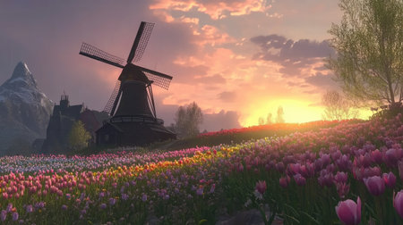 A traditional windmill standing tall beside a field of tulips in various colors, blending agricultural heritage with floral cultivation.の素材
