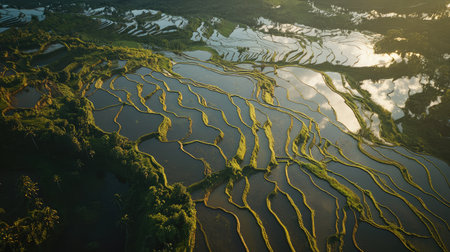 Aerial shot of terraced rice paddies filled with water, reflecting the sky, showcasing traditional farming techniques in hilly terrain.の素材