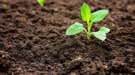 Close-up of a freshly plowed field with rich, dark soil, ready for planting, symbolizing the preparation stage of farming.の素材