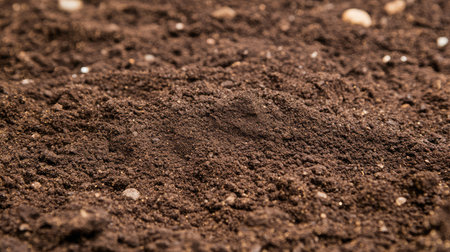 Close-up of a freshly plowed field with rich, dark soil, ready for planting, symbolizing the preparation stage of farming.の素材