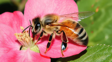 Close-up of a honeybee collecting pollen from a blossoming apple tree, illustrating the essential role of pollinators in farming.の素材