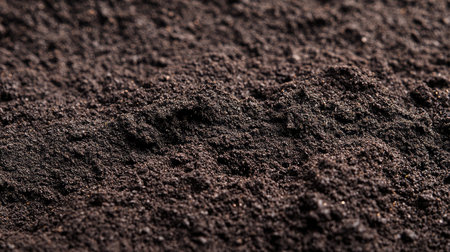 Close-up of a freshly plowed field with rich, dark soil, ready for planting, symbolizing the preparation stage of farming.の素材