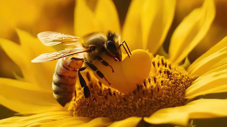 Close-up of a honeybee pollinating a bright yellow sunflower, highlighting the symbiotic relationship between agriculture and nature.の素材