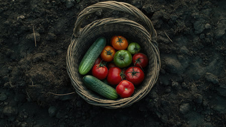 Close-up of a basket filled with freshly picked tomatoes, cucumbers, and bell peppers, placed on rich, dark soil in a vegetable garden.の素材