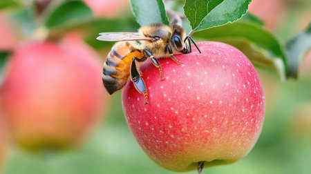 Close-up of a honeybee collecting pollen from a blossoming apple tree, illustrating the essential role of pollinators in farming.の素材