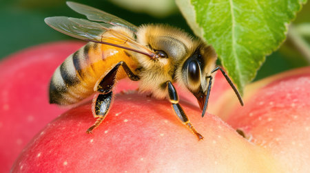 Close-up of a honeybee collecting pollen from a blossoming apple tree, illustrating the essential role of pollinators in farming.の素材