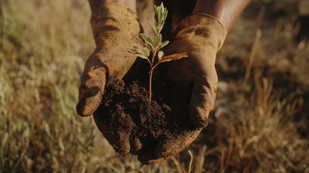 Close-up of a farmer's gloved hands holding rich, dark soil with a young seedling, symbolizing growth and nurturing in agriculture.の素材
