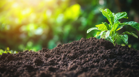 Close-up of a freshly plowed field with rich, dark soil, ready for planting, symbolizing the preparation stage of farming.の素材