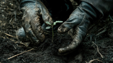 Close-up of a farmer's gloved hands holding rich, dark soil with a young seedling, symbolizing growth and nurturing in agriculture.の素材