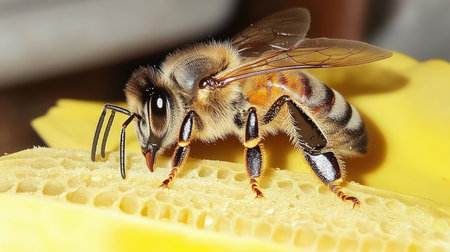 Close-up of a honeybee pollinating a bright yellow sunflower, highlighting the symbiotic relationship between agriculture and nature.の素材