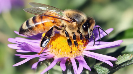 Close-up of a honeybee collecting pollen from a blossoming apple tree, illustrating the essential role of pollinators in agriculture.の素材