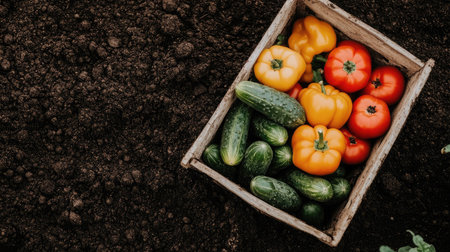 Close-up of a basket filled with freshly picked tomatoes, cucumbers, and bell peppers, placed on rich, dark soil in a vegetable garden.の素材