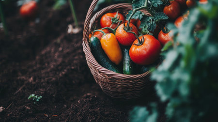 Close-up of a basket filled with freshly picked tomatoes, cucumbers, and bell peppers, placed on rich, dark soil in a vegetable garden.の素材