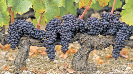 Close-up of a row of grapevines with ripe, purple grapes ready for harvest, showcasing the fruitfulness of viticulture.の素材