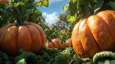 Close-up of a pumpkin patch with large, orange pumpkins nestled among green vines, awaiting harvest under a clear autumn sky.の素材