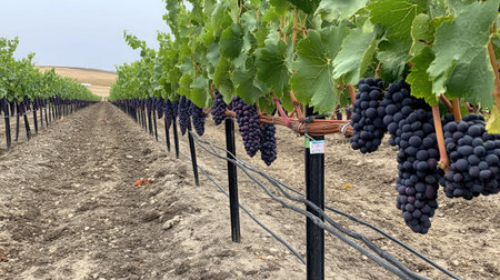 Close-up of a row of grapevines with ripe, purple grapes ready for harvest, showcasing the fruitfulness of viticulture.の素材