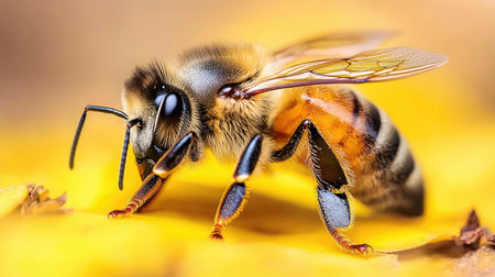 Close-up of a honeybee pollinating a bright yellow sunflower, highlighting the symbiotic relationship between agriculture and nature.の素材