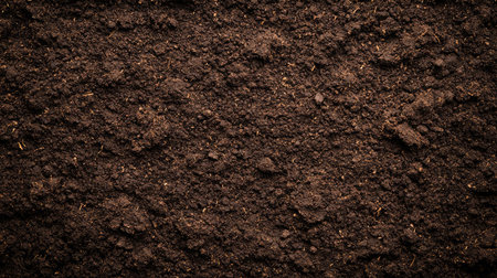 Close-up of a freshly plowed field with rich, dark soil, ready for planting, symbolizing the preparation stage of farming.の素材