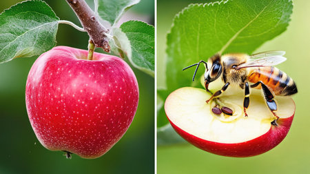 Close-up of a honeybee collecting pollen from a blossoming apple tree, illustrating the essential role of pollinators in farming.の素材