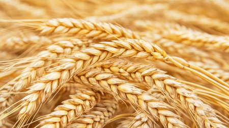 Close-up of golden wheat ears ready for harvest, with a soft focus on the background, highlighting the richness of the crop.の素材