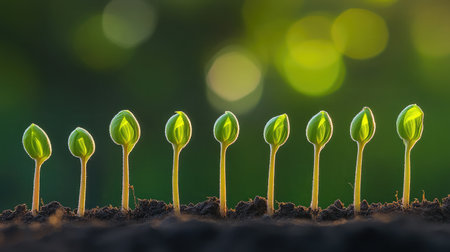 Close-up of a row of young corn plants emerging from the soil, representing new growth and the beginning of the crop cycle.の素材