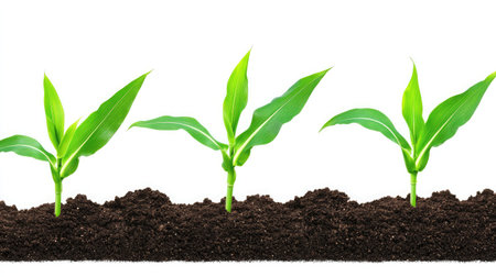 Close-up of a row of young corn plants emerging from the soil, representing new growth and the beginning of the crop cycle.の素材