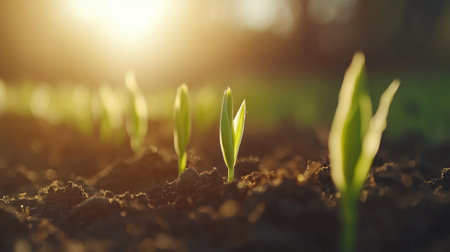Close-up of a row of young corn plants emerging from the soil, representing new growth and the beginning of the crop cycle.の素材