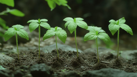 Close-up of a row of young corn plants emerging from the soil, representing new growth and the beginning of the crop cycle.の素材
