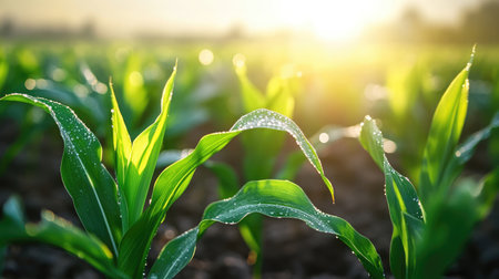Close-up of dewdrops on vibrant green corn leaves at dawn, highlighting the freshness of early morning in the fields.の素材
