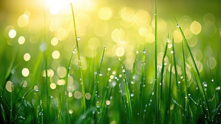 Close-up of irrigation sprinklers watering a field of young crops at sunrise, highlighting the importance of water management in farming.の素材
