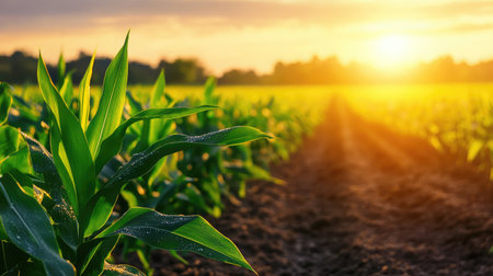 Close-up of dewdrops glistening on vibrant green corn leaves at dawn, highlighting the freshness of early morning in the fields.の素材