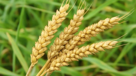 Close-up of golden wheat ears ready for harvest, with a soft focus on the background, highlighting the richness of the crop.の素材