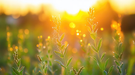 Close-up of irrigation sprinklers watering a field of young crops at sunrise, highlighting the importance of water management in farming.の素材